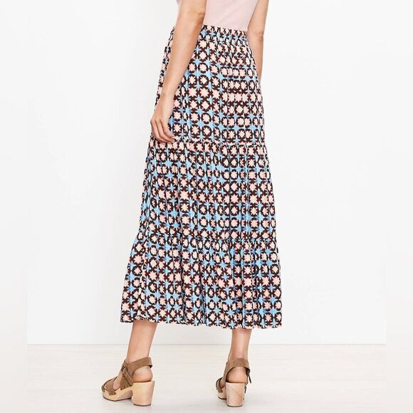 Loft Skirt Women’s MT Sunwashed Tiered Blue & Tan Floral Patterned Pull On Maxi - Picture 2 of 9